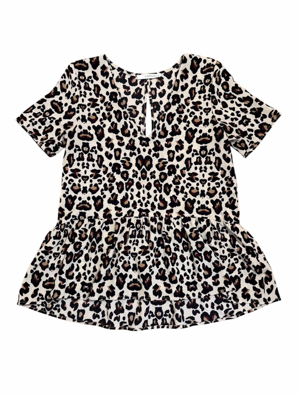 CARAMELA Leopard Print Peplum Top with Open Keyhole Back